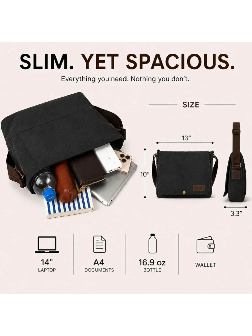 Stylish Men's Canvas Messenger Bag, Compact Satchel for 14